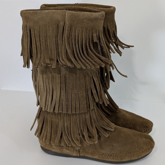 Minnetonka Triple Fringe Moccasin Boots - Size 8 Womens - Brown Tan - Picture 6 of 8